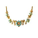 A gold, diamond, turquoise and seed pearl set necklace, circa 1900,