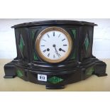 A Victorian black slate eight day cased mantel clock, with malachite inlay and white enamel dial,