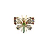 A gold and silver set, rose diamond, ruby, sapphire and emerald set brooch,