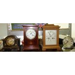 An Edwardian mahogany cased eight day mantel clock and oak mantel clock and a Chinoiserie mantel