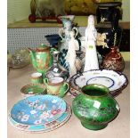 A quantity of ceramics including Lladro type figures, Oriental tea set, Greek style vase and sundry.