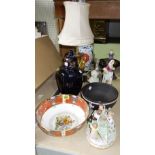 A group of ceramics, including a Prattware ceramic lamp base, porcelain figures,