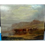 English school (19th century), Cattle in a landscape, oil on board, unframed, 20cm x 24cm.