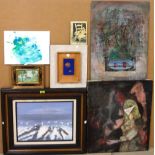 A group of eight 20th century pictures, mostly oils, including geese in flight, abstracts,