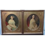 A pair of oleographs of 19th century portraits of ladies, oval, each 26.5cm x 21cm.