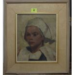 Dutch School (early 20th century), Head study of a girl, oil on panel, with an interior scene verso,