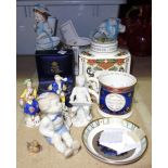 A quantity of ceramics including a Worcester commemorative tea caddy and a loving cup,