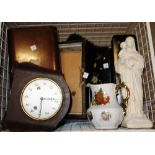 A quantity of collectables including a pair of black lacquer glove boxes, mantel clock,