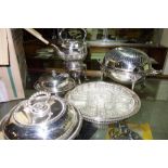 A quantity of assorted silver plate, including a teapot, trays, entree dishes and sundry.