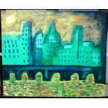 Aniqa B (contemporary), City in green, oil on canvas, inscribed on reverse, unframed, 50cm x 61cm.