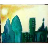 Jessica (contemporary), City in green, oil on canvas, inscribed on reverse, unframed, 50.5cm x 61cm.