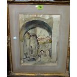 British School (20th century), Street scene, watercolour, indistinctly signed and inscribed,