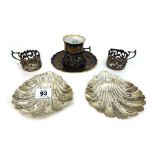 A pair of Victorian silver scallop shell dishes, James Deakin & Sons, Sheffield 1891, acanthus,