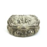 A German silver snuff box, detailed 800, in early 18th century style, of cartouche shape ogee form,