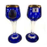 A pair of Bohemian flashed blue glass go