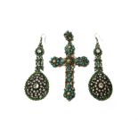 A pair of silver, green and colourless paste set pendant earrings,