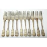 Silver fiddle pattern table forks, comprising; four Victorian, London 1843, four George III,