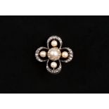 A gold backed and silver fronted rose diamond and cultured pearl brooch,