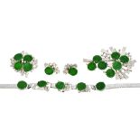A group of jade and diamond jewellery, comprising; a bracelet with a foldover clasp, detailed 14 K,