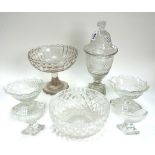 A hobnail cut glass bonboniere and cover, 19th century, a 19th century glass footed bowl, 18.