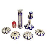 A quantity of parts from a clear and blue glass chandelier,