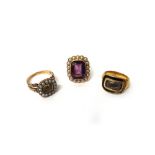 A gold, amethyst and seed pearl set cluster ring,