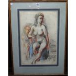 After Sir Alfred Munnings, Seated nude, charcoal and coloured chalk, bears a signature, 55cm x 36cm.