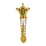 A gilt metal, imitation pearl and foil backed red gem set and green enamelled chatelaine clip,