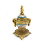 An early 20th century gilt bronze Sevres style porcelain lidded inkwell,
