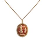 A gold, seed pearl and rose diamond set oval shell cameo pendant,