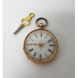 A lady's gold cased, key wind, openfaced fob watch, with a gilt cylinder movement,