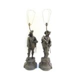 A pair of patinated spelter figural table lamps, 20th century,