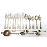 Mostly silver, comprising; eight Old English pattern dessert forks, eight various spoons,