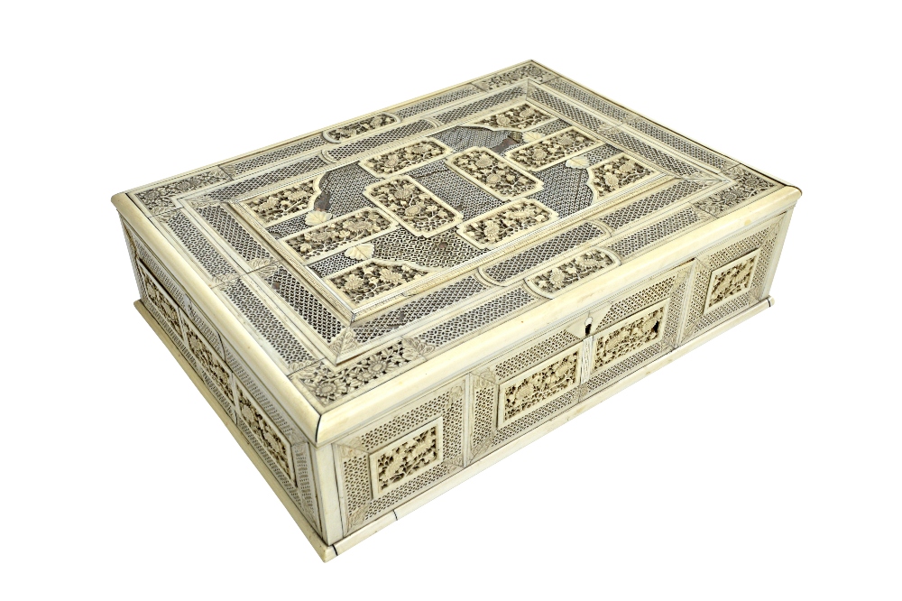 A 19th century Indian carved and reticulated ivory and bone box,