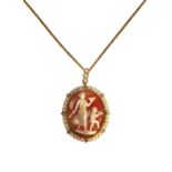 A gold, seed pearl and rose diamond set oval shell cameo pendant,