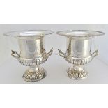 A pair of plated on copper twin handled wine coolers, of campana form,