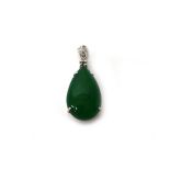 A green hardstone and colourless gem set drop shaped pendant, detailed 18 K GP, with a pouch case.