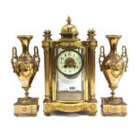 A French gilt brass four-glass mantel clock garniture, late 19th/early 20th century,