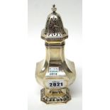 A silver sugar caster, of square baluster form, having decorated rims, London 1909, weight 271 gms.