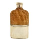 A William IV silver and woven rushwork mounted glass spirit flask,