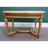 A Louis XVI style coffee table, the oval marble inset top on four spiral fluted supports,