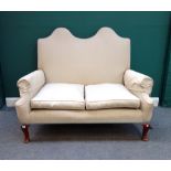 A Queen Anne style double hump back sofa, with outswept arms on squat cabriole supports, 148cm wide.