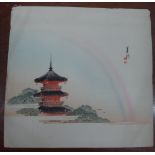 A collection of Japanese woodblock prints, some heightened with watercolour,