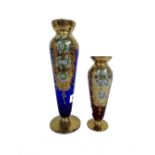 Two Venetian gilt and floral painted glass vases, 20th century, one blue, one red,
