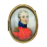 An early 19th Century portrait miniature on ivory of an officer wearing a red tunic and blue collar,