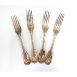 Nine George IV and later silver fiddle thread and shell pattern table forks, all London assay,