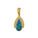 A Tambetti black-opal-doublet and diamond drop shaped pendant,