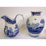 A Spode blue transfer printed Italian Spode design baluster vase and jug,