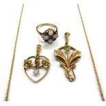 An Edwardian gold, white opal and half-pearl open heart shaped pendant, unmarked; a 9ct gold,