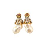 A pair of gold, ruby, diamond and baroque cultured pearl earclips,